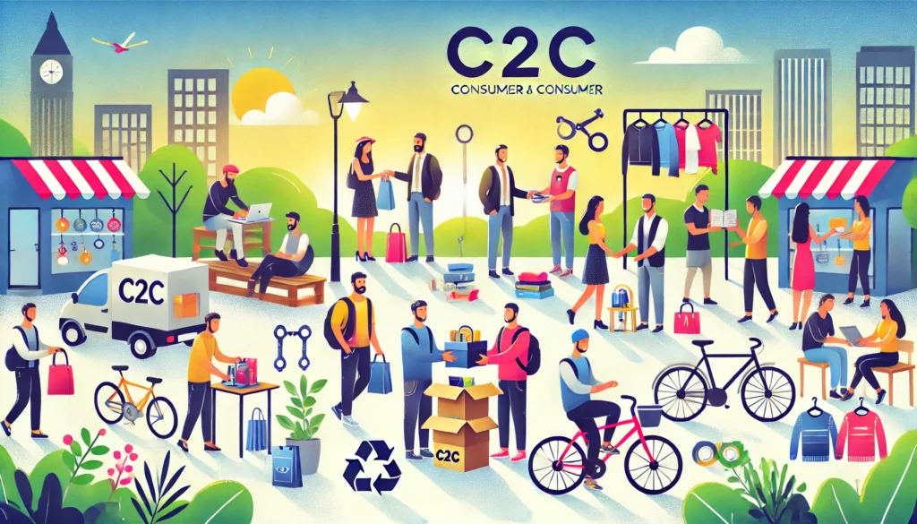 C2C-consumer-to-consumer-marketplace-showcasing-people-sharing-renting-and-swappi
