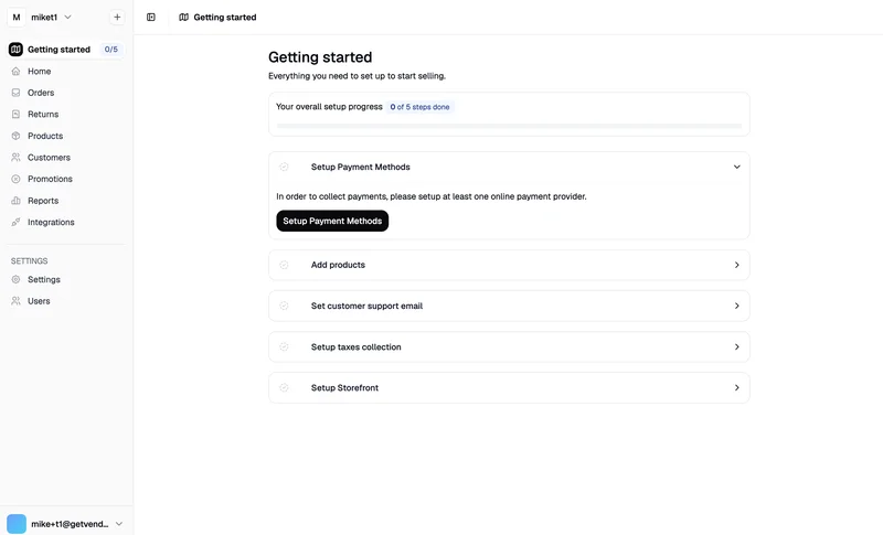 Getting Started checklist in the Spree Commerce Sandbox admin dashboard