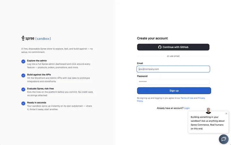Spree Commerce Sandbox signup page for a free eCommerce test store
