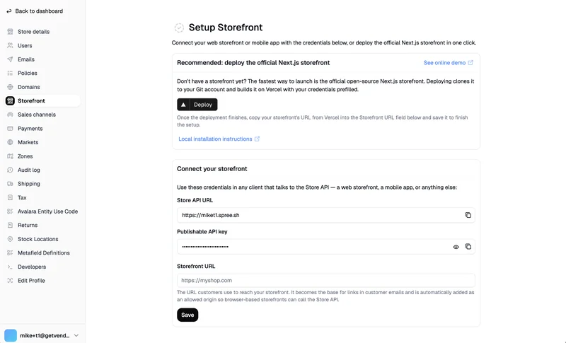 Setup Storefront screen in the Spree Commerce Sandbox with one-click Next.js storefront deploy